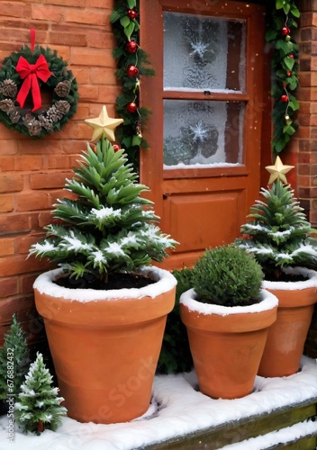 Christmas-Themed Terracotta Planters In A Wintery Garden Setting.