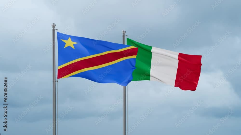 Italy and Democratic Republic of the Congo flag waving together on cloudy sky, endless seamless loop, two country cooperation concept Italy and Democratic Republic of the Congo flag waving together on cloudy sky, endless seamless loop, two country cooperation concept