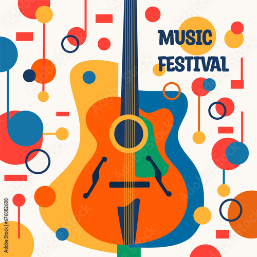 Music banner with guitar and abstract elements. Text "Music Festival". Simple flat style. circles and rectangles. Red, yellow, blue. For music festivals, invitations, flyers