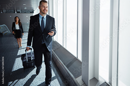 Business man, woman and phone in airport hallway with smile, thinking or suitcase for international travel. Entrepreneur, luggage and smartphone with flight schedule for global immigration in London