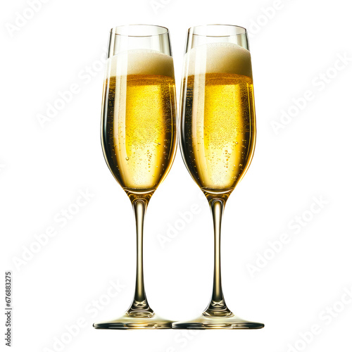 Two full champagne flutes with golden bubbles, clinking, against a white background.