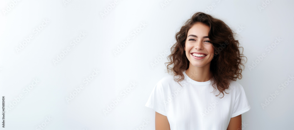 Naklejka premium portrait of a beautiful young happy woman laughing. a smiling woman wearing white sweater standing and smiling on gray background with copy space.