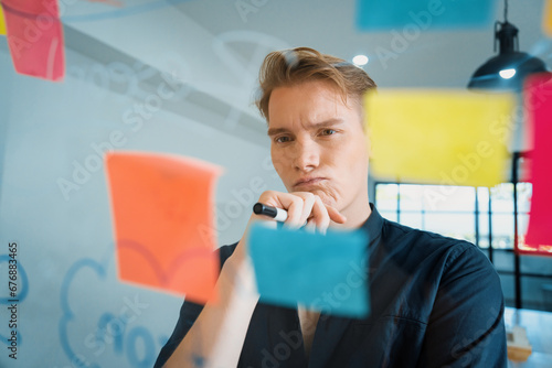 Bild auf Leinwand Professional caucasian businessman brainstorming marketing idea by using mind map and sticky notes on glass board at modern meeting room