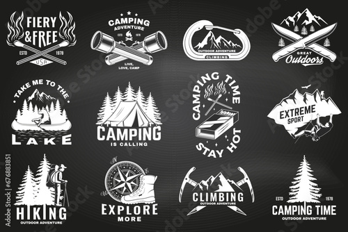 Set of outdoor adventure sticker on chalkboard. Vector illustration. Concept for shirt or logo, print, stamp, patch or tee. Vintage typography design with forest pine tree, hiker, climber and mountain