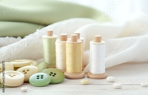 colorful threads, buttons, needles, fabric on white wooden table soft light for handmade and handcraft card design