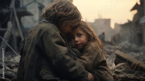 Adoring Children Among the Debris of War: Embracing Innocence Amidst the Ruins