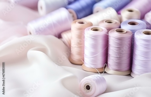 colorful threads, buttons, needles, fabric on white wooden table soft light for handmade and handcraft card design