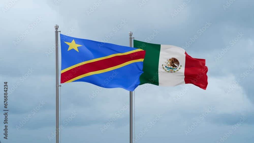 Mexico flag and Democratic Republic of the Congo flag waving together on cloudy sky, endless seamless loop, two country relations concept Mexico flag and Democratic Republic of the Congo flag waving together on cloudy sky, endless seamless loop, two country relations concept