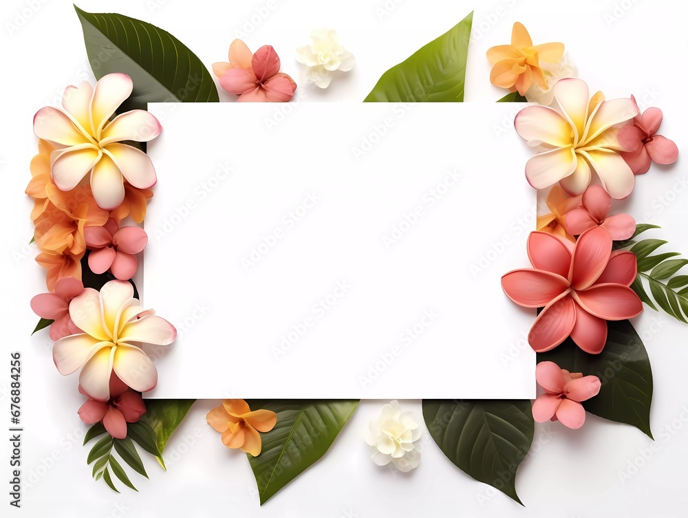 Fototapeta premium Frame mockup with tropical flowers on a white background. Banner or gift card with flowering frame