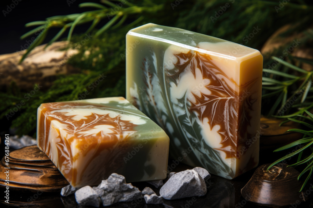 Beautiful natural fir soap bar on dark background. Handmade organic soap Beautiful natural fir soap bar on dark background. Handmade organic soap