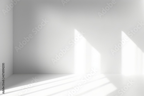 Abstract white studio background with shadows of window. Empty 3d room. Display product with blurred backdrop  Generative AI