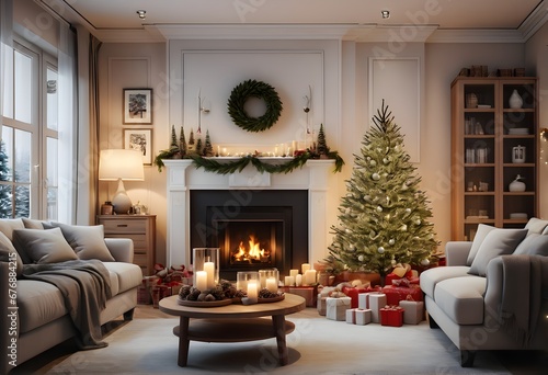 Modern living room Christmas design. Christmas living room. Cozy and Warm Christmas Feeling. Christmas Fireplace. Christmas Interior. Generative AI. 