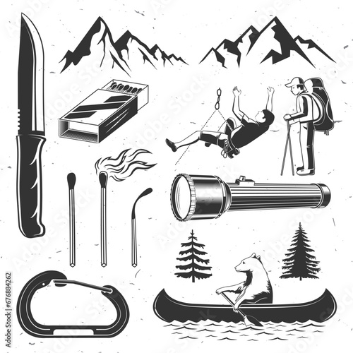 Set of outdoor adventure icon silhouette. Vector. Set include forest pine tree, hiker, climber, matches stick, bear in canoe, carbine, camping flashlight, camping knives and mountain silhouette