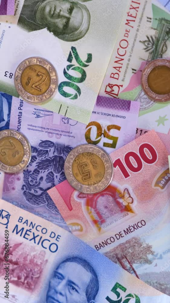 new bank notes of mexican peso background. 20, 50, 100, 200, 500 pesos