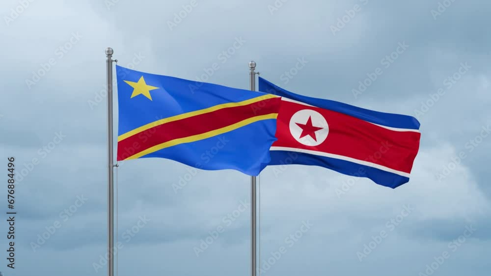 North Korea and Democratic Republic of the Congo flag waving together on cloudy sky, endless seamless loop North Korea and Democratic Republic of the Congo flag waving together on cloudy sky, endless seamless loop