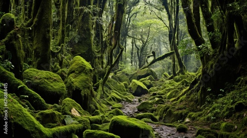 Deep jungle of mossy tropical forest in Southeast Asia Landscape © JuJamal