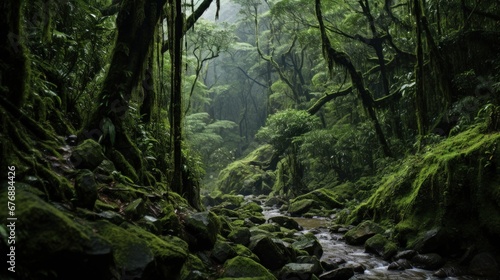 Deep jungle of mossy tropical forest in Southeast Asia Landscape © JuJamal