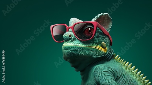 Realistic 3D chameleon sporting trendy sunglasses. photo