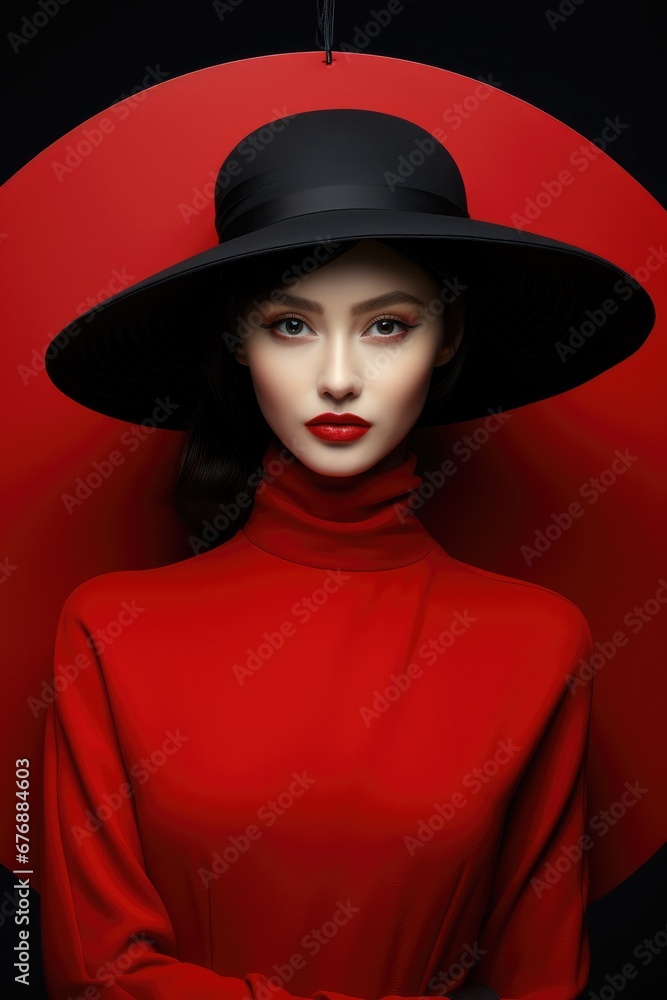 A woman in black hat with red lipstick A woman in black hat with red lipstick