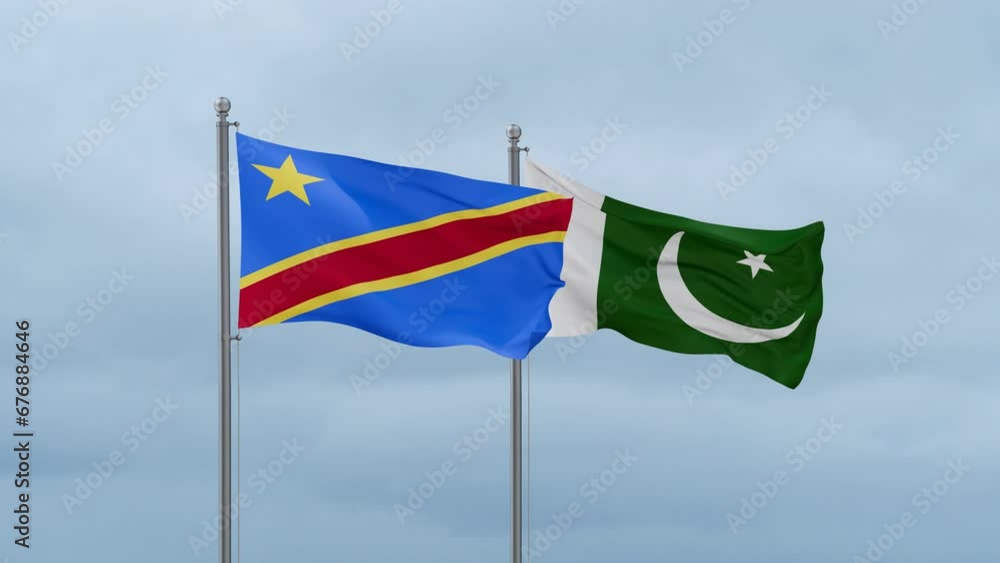 Pakistan flag and Democratic Republic of the Congo flag waving together on cloudy sky, endless seamless loop, two country relations concept Pakistan flag and Democratic Republic of the Congo flag waving together on cloudy sky, endless seamless loop, two country relations concept