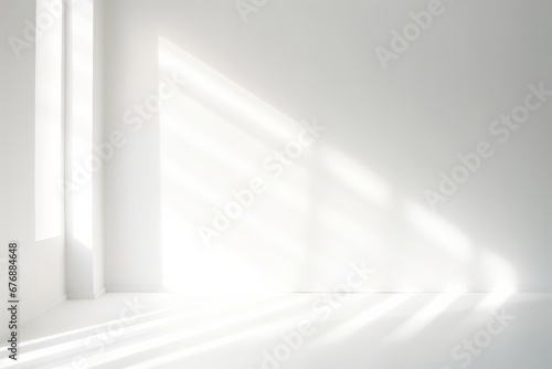 Abstract white studio background for product presentation. Empty room with shadows of window. Display product with blurred backdrop. Soft focus, Generative AI © Visual Wonders