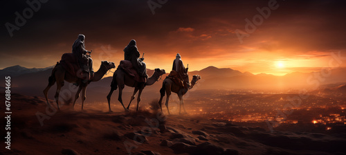 Reyes magos viajando por el desierto, llegando a Belén. Noche de reyes magos. Día de reyes magos. © Pilar Arias Grení