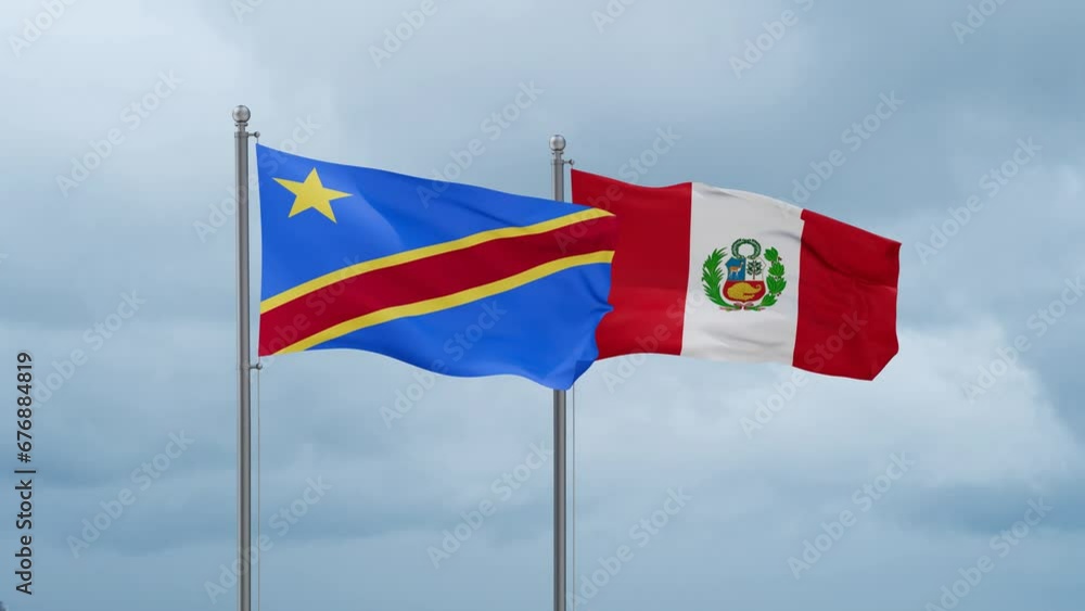 Peru and Democratic Republic of the Congo flag waving together on cloudy sky, endless seamless loop, two country cooperation concept Peru and Democratic Republic of the Congo flag waving together on cloudy sky, endless seamless loop, two country cooperation concept