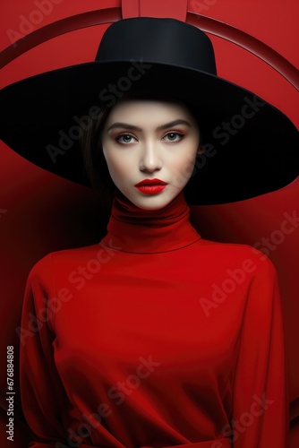 Female fashion model in red hat 