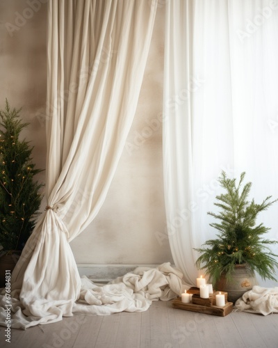 Simple and Clean Boho Christmas Studio Backdrop. Creative minimalist holiday background.