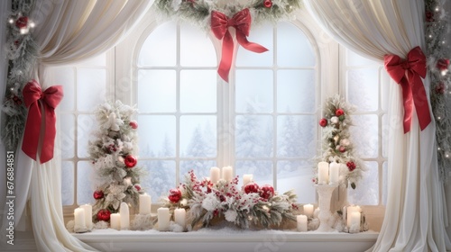 Christmas background with big window in the middle  gift boxes  candles. White  red colors.