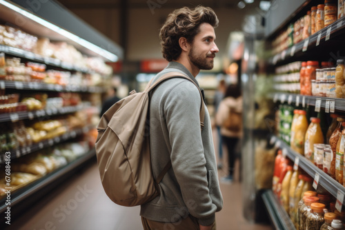 A man looks through grocery shelves in a supermarket.