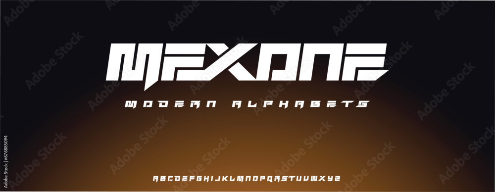 MEXONE Modern alphabet digital technology music abstract typography vector illustration - obrazy, fototapety, plakaty 