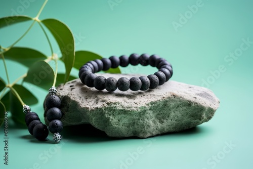 Two bracelets made of natural black volcanic lava stones beads isolated on pastel greenbackground. Handmade jewelry. Woman exoteric accessories. Talismans and amulets. Selective, Generative AI photo