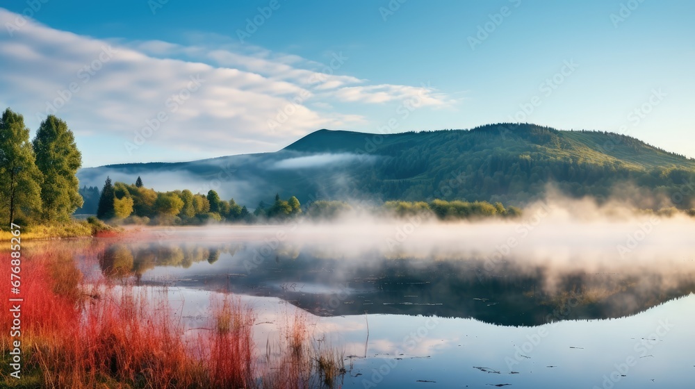 Misty Morning Scene of foggy summer lake Panoramic Landscape