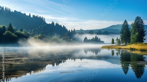 Misty Morning Scene of foggy summer lake Panoramic Landscape