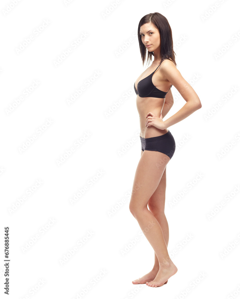 Young woman, portrait and full body in underwear on mockup to lose weight or diet against a white studio background. Attractive female person or slim model posing in lingerie for health and wellness Young woman, portrait and full body in underwear on mockup to lose weight or diet against a white studio background. Attractive female person or slim model posing in lingerie for health and wellness