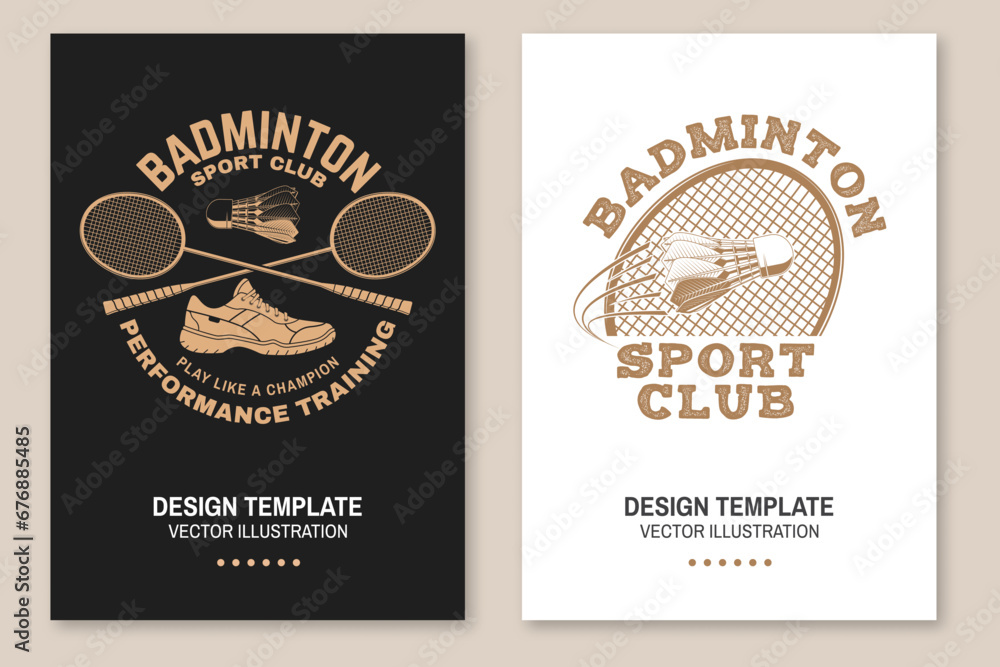 Set of badminton sport vintage flyer, poster design. Vector. Editable template with badminton racket, sports shoe and shuttlecock silhouettes. Badminton tournament posters for sports competition.