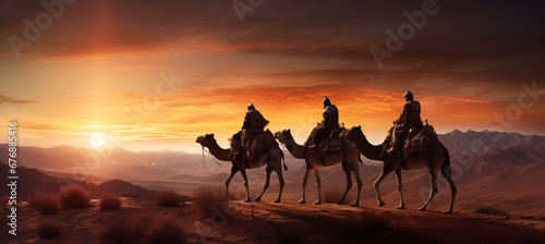 Reyes magos viajando por el desierto  llegando a Bel  n. Noche de reyes magos. D  a de reyes magos.