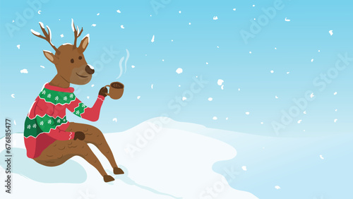 Vector illustration deer winter landscape background  snow background  merry christmas background  copy space  cute animal