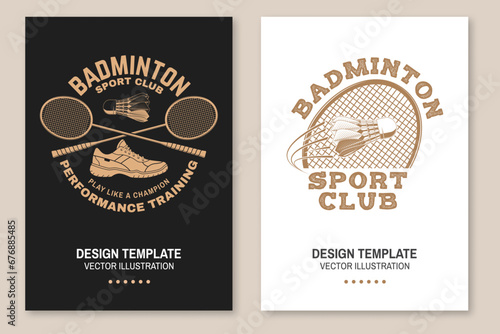 Set of badminton sport vintage flyer, poster design. Vector. Editable template with badminton racket, sports shoe and shuttlecock silhouettes. Badminton tournament posters for sports competition.