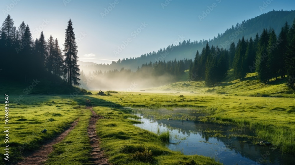 Trail in the near lake with sunrays nature concept