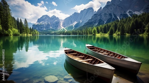 Panoramic photo of boats on the lake with mountain view sunlight