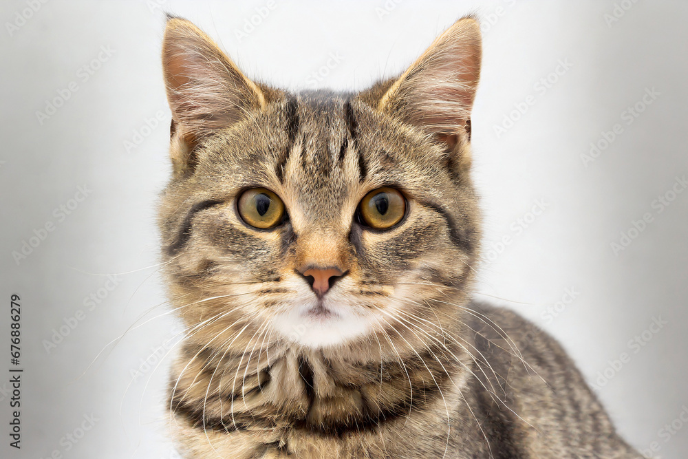 portrait of a cute and noble cat, Studio portrait of a sitting tabby cat looking forward against a white backdground