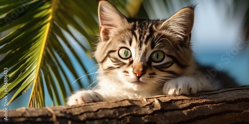 cute striped cat against the background of a palm tree. Generative AI