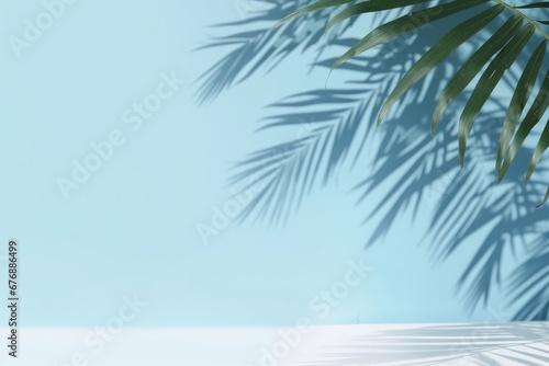 Palm leaves shadow on blue wall background and pastel floor. Summer tropical beach background. Empty room for product presentation. Minimal concept  Generative AI