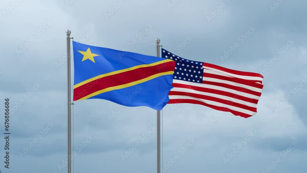 USA and Democratic Republic of the Congo flag waving together on cloudy sky, endless seamless loop, two country cooperation concept USA and Democratic Republic of the Congo flag waving together on cloudy sky, endless seamless loop, two country cooperation concept