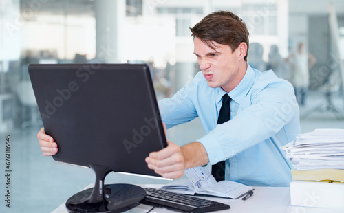 Businessman  computer and stress or frustrated at office  anger and crazy for technology. Male person  frustrated and crisis on digital  problem and issues or glitch  404 error and connection fail