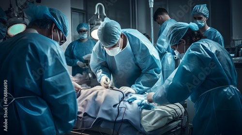 Doctors in blue coats around a patient during an operation in the operating room  Medicine  hospital  clinic