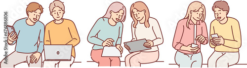 Group of people do teamwork and use laptop and phone or digital tablet to complete office tasks