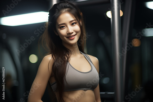 Young Asian woman in athletic wear, posing confidently at a modern urban gym. Fitness Enthusiast